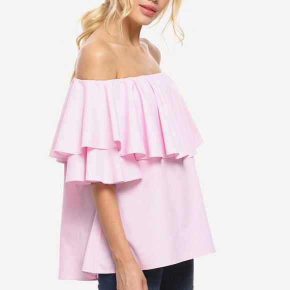 SOLD Pink Flounce Layered Neckline Bell Sleeve Top - Picture 2 of 3